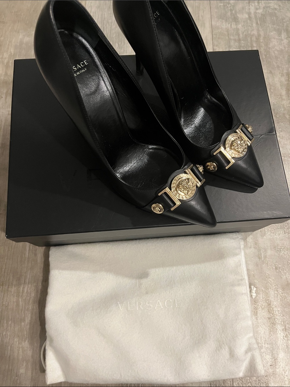 Versace Black Leather Pointed-Toe Stiletto Heels with Gold Medusa Hardware